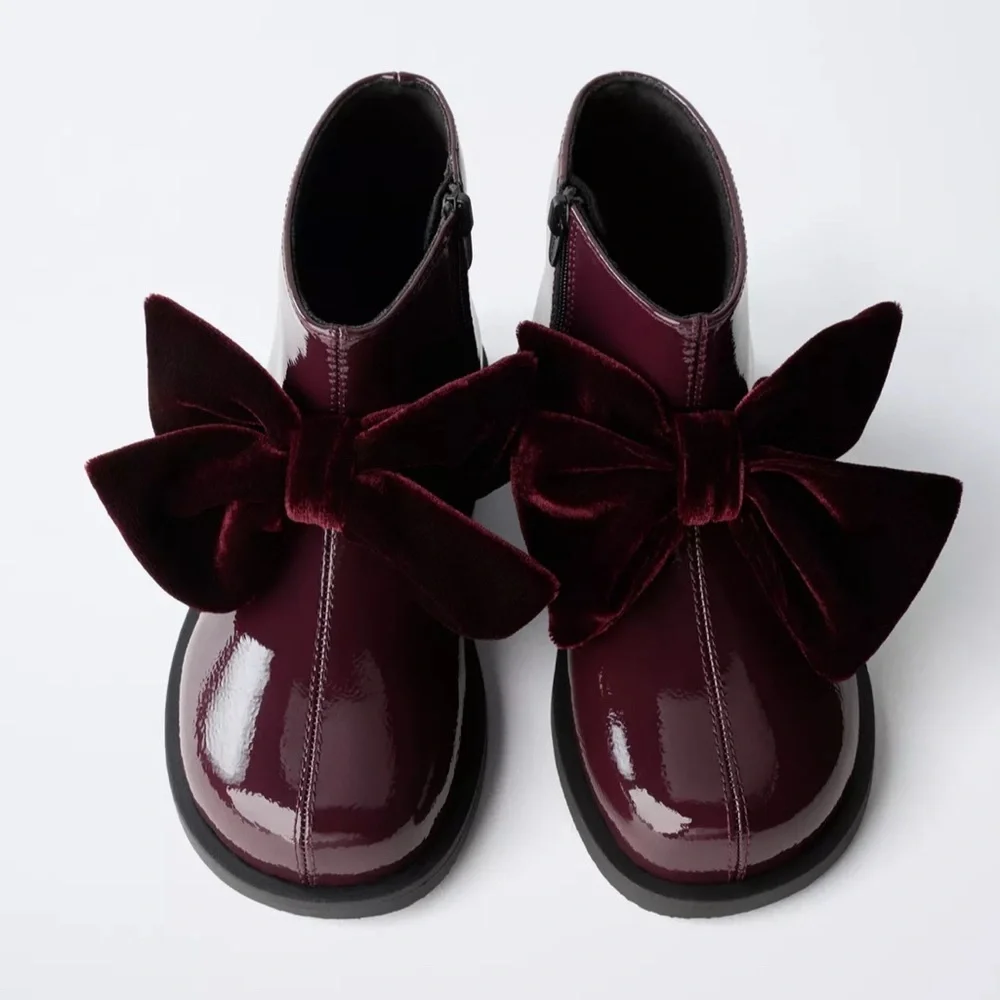 Zara kids  Ankle boots with a patent finish and bow burgundy sz 27 us 9.5